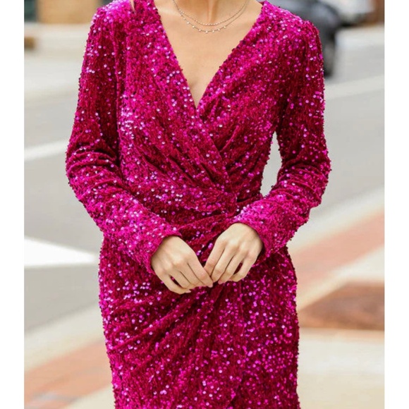 LOVE RICHE Pink Velvet Sequin Long Sleeve V Neck Wrapped Mini Dress Size S - Picture 12 of 12